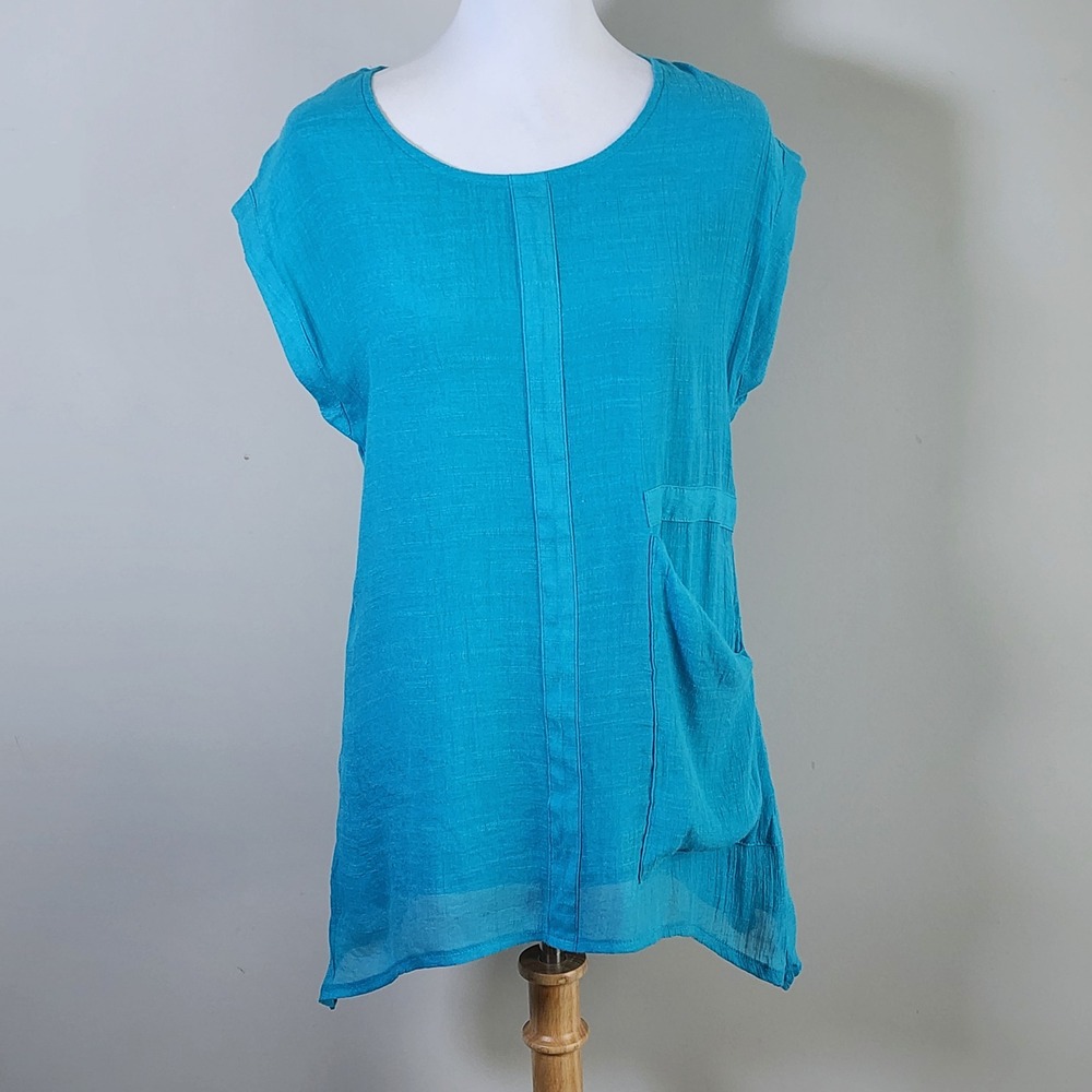 Model France Tunic Top Womens Medium Turquoise Crepe Pocket Lagenlook Blouse
